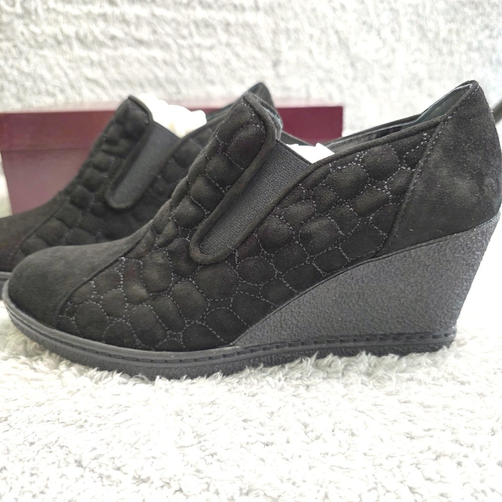 NEW Amalfi Rangoni Black Italian Suede Leather Quilted Wedge Slip On Shoes 7.5N